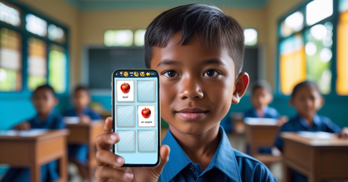 Anak bermain MemoLingo untuk belajar bahasa Inggris
