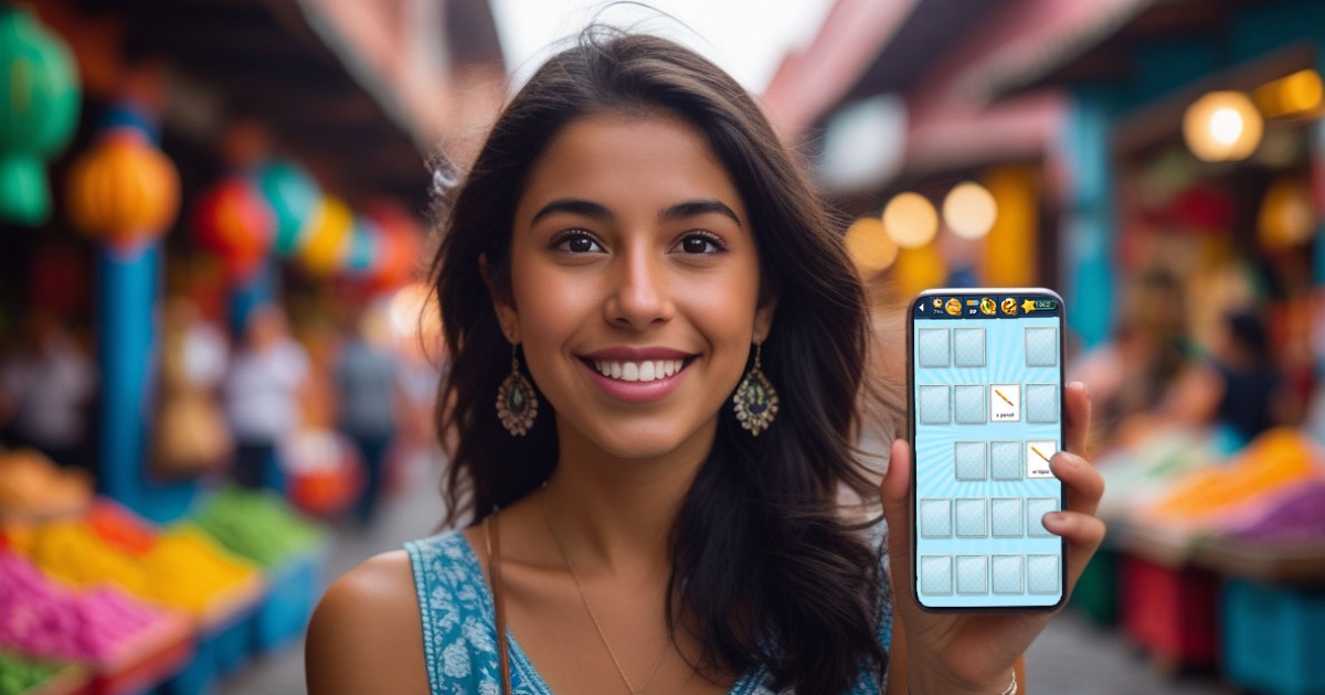 Smartphone mostrando la interfaz de Memolingo con tarjetas de vocabulario coloridas Aprende inglés básico con Memolingo - 320 palabras esenciales en tu smartphone