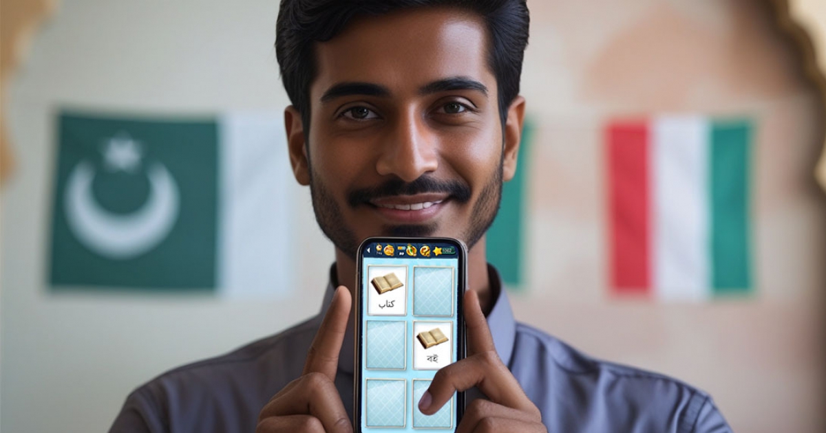 একজন বাংলাদেশি ব্যবহারকারী স্মার্টফোনে মেমোলিংগো খেলছেন, পটভূমিতে আরবি পতাকা বা মধ্যপ্রাচ্যের স্থাপত্যের সূক্ষ্ম ইঙ্গিত