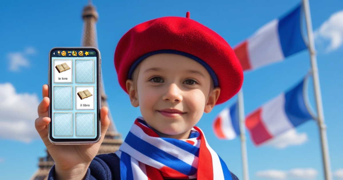 Bambino sorridente impara francese con app educativa su tablet