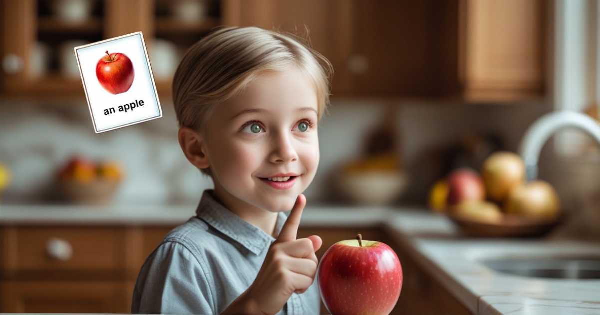 L'apprendimento dell'inglese attraverso il gioco è divertente e naturale Bambino che impara inglese giocando con app educativa MemoLingo