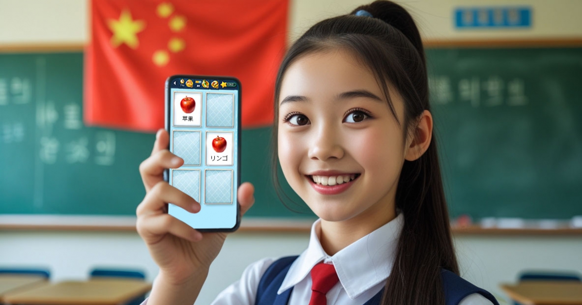 楽しみながら学ぶ現代の語学教育 タブレットで中国語の語彙ゲームを楽しむ子供