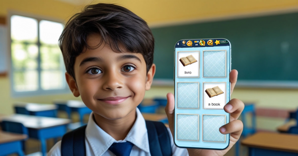 Criança aprendendo inglês através do jogo educativo Memolingo
