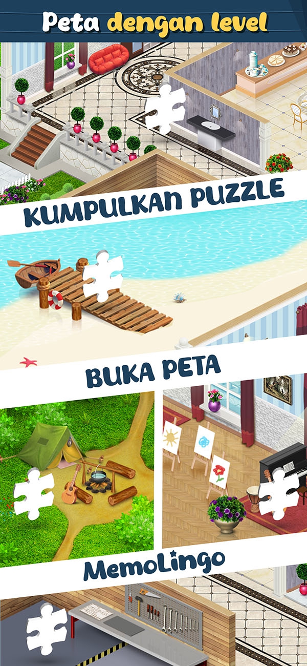 Peta 32 level pembelajaran MemoLingo dengan sistem unlock bertahap