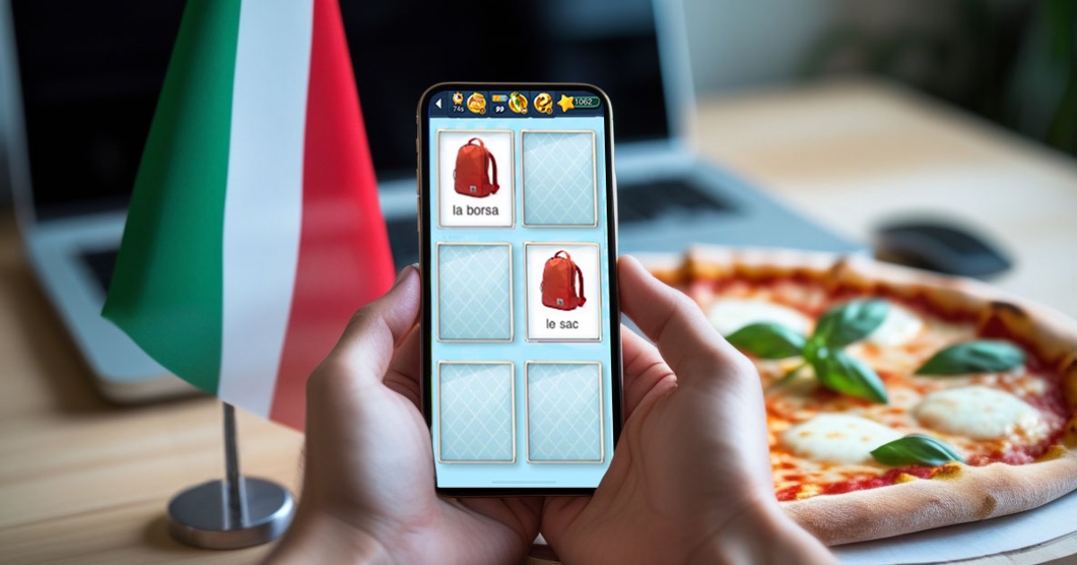 Capture d'écran de l'application MemoLingo montrant une carte de vocabulaire italien avec image et traduction