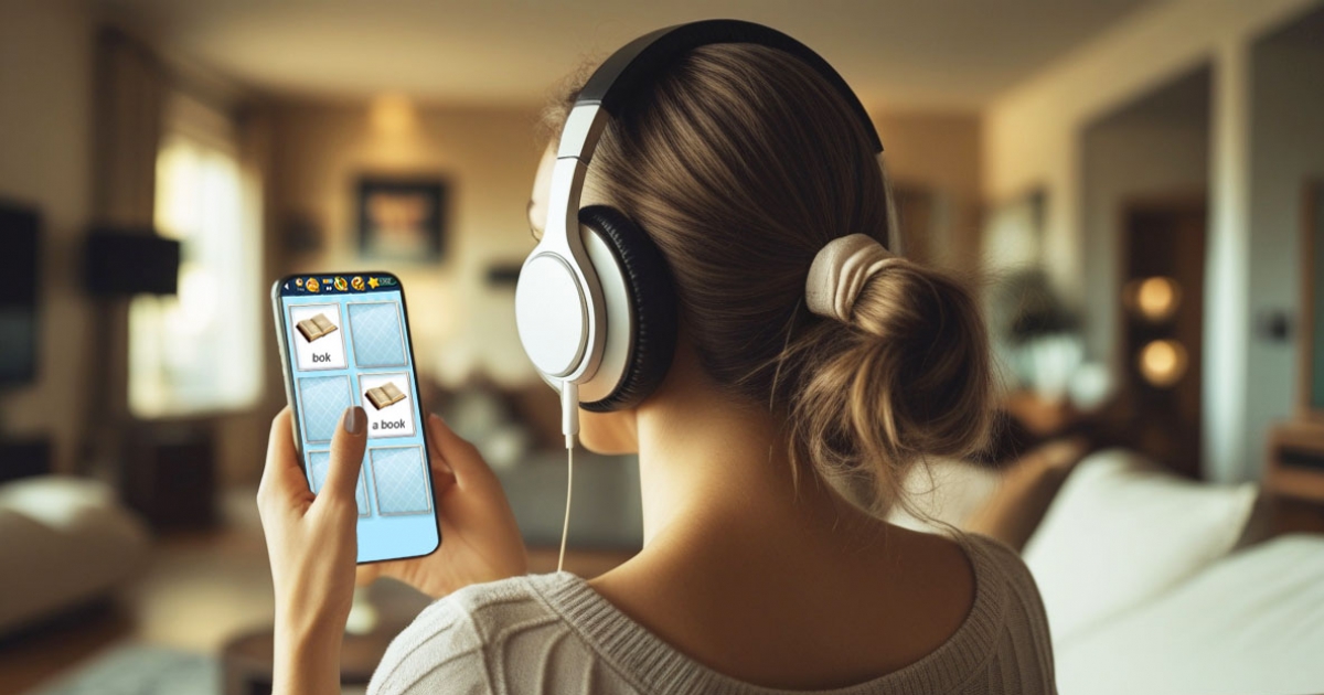 Eksempel på hvordan ord læres i kontekst med bilde, tekst og lyd i MemoLingo