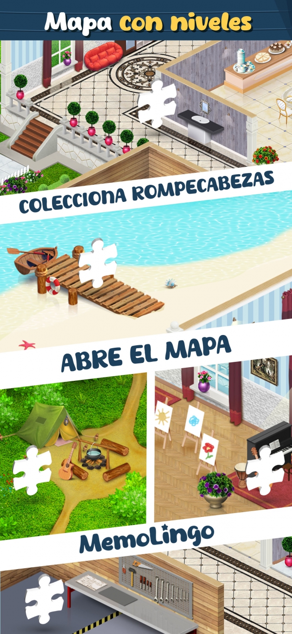 Estructura progresiva y organizada del aprendizaje Mapa de niveles temáticos de vocabulario en inglés en Memolingo