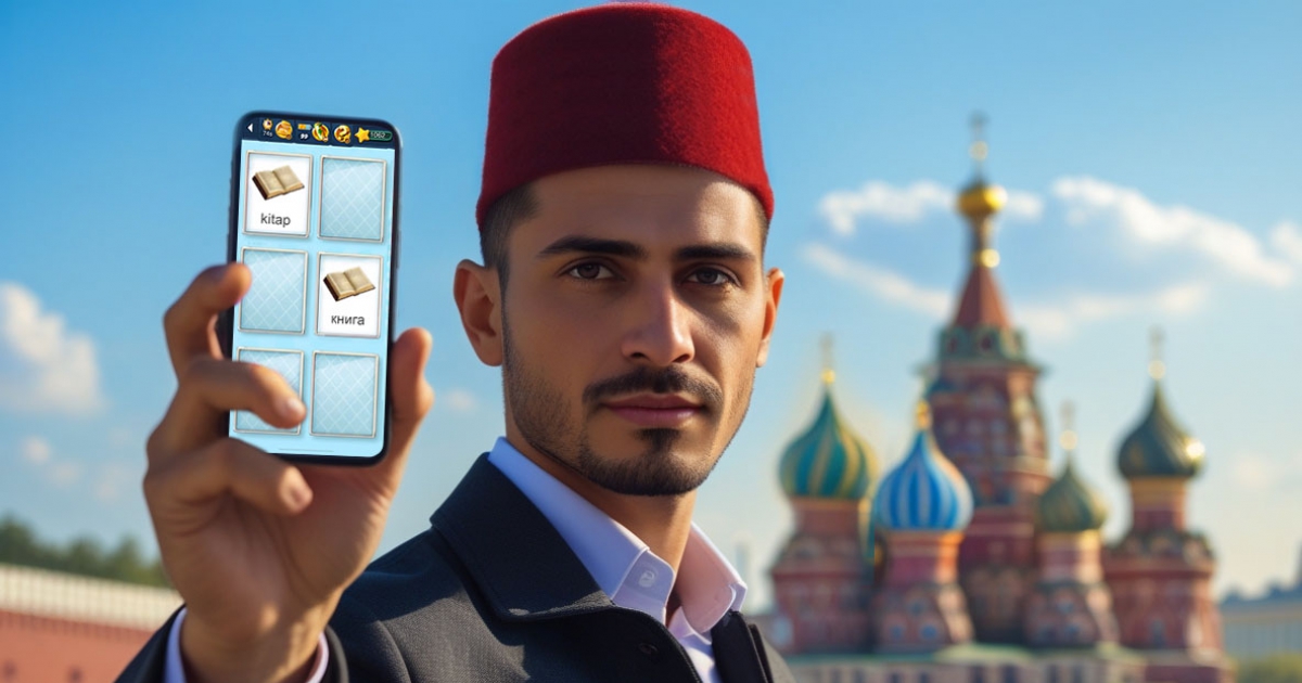 Memolingo dil öğrenme oyunu arayüzünü gösteren akıllı telefon ekranı MemoLingo Rusça dil öğrenme uygulamasının arayüzü