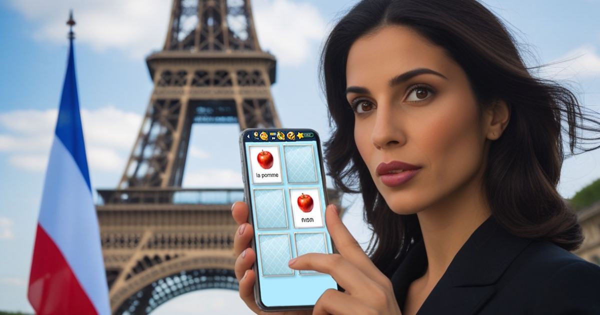 צילום מסך של Memolingo במשחק, עם קלפים צבעוניים של בעלי חיים ומילים בצרפתית משחק Memolingo - קלפים תואמים ללימוד צרפתית