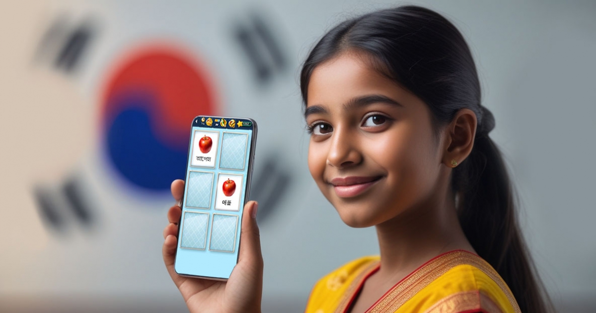 মেমোলিংগো গেম ইন্টারফেস স্ক্রিনশট যেখানে কোরিয়ান-বাংলা কার্ড ম্যাচিং দেখানো হচ্ছে