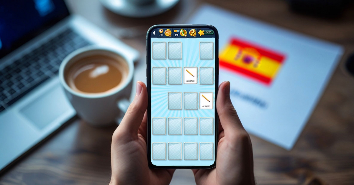 MemoLingo Spanish for beginners matching game integrating image, text, and pronunciation
