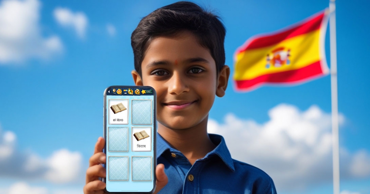 खेल-खेल में भाषा सीखें मेमोलिंगो स्पेनिश शब्द सीखने का गेम इंटरफेस