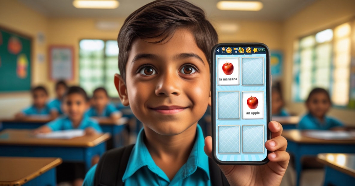 Niño interactuando con smartphone mostrando interfaz de Memolingo, con iconos flotantes de vocabulario alrededor Niño aprendiendo inglés con Memolingo - juego educativo de vocabulario