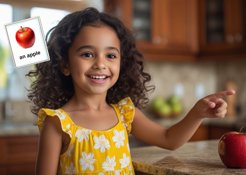 A criança nomeia os objetos ao redor em inglês
