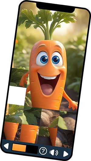 Детский пазл с изображением морковки Тематические пазлы - веселая морковка на грядке