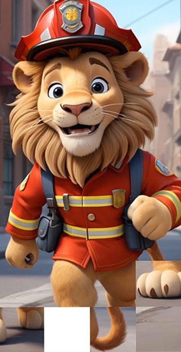 Лев играет роль пажарного Коллекция пазлов с животными - лев пожарник